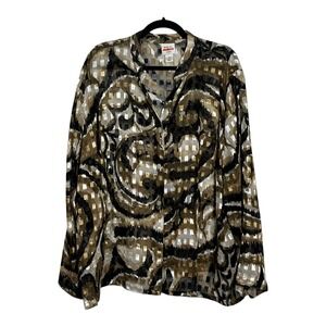 Ruby Rd Favorites Womens 24W Blouse Gold Black Abstract Metallic Sheer Button Up